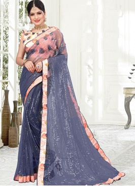 Graceful Grey Color Net Saree