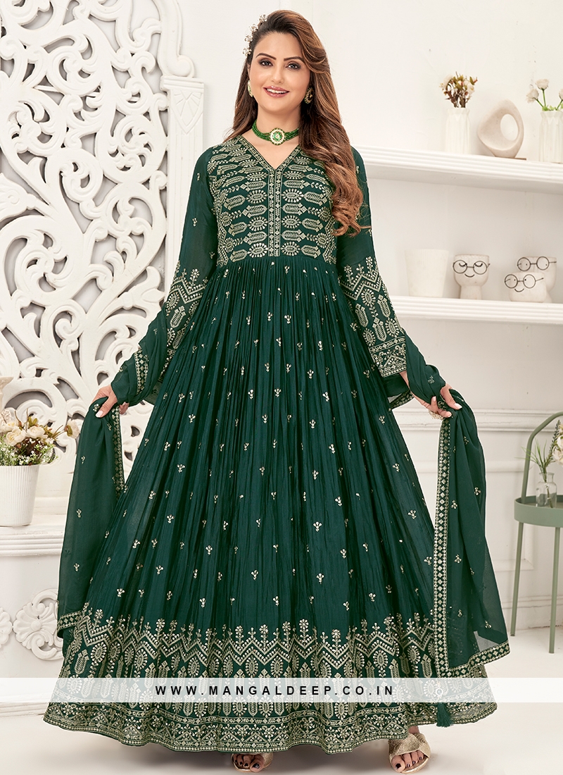 Green Designer Indian Bridal Anarkali Long Gown In Net SFFZ112523 – Siya  Fashions