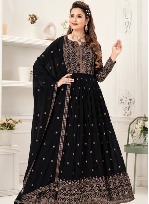 Graceful Black Embroidered Anarkali Gown with Matching Dupatta.