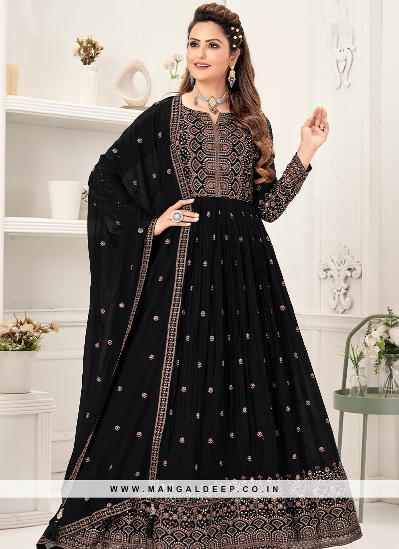 Black Embroidered Georgette Anarkali Gown - Urban Womania