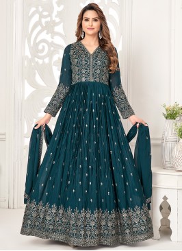 Graceful Teal Sequins Anarkali Gown with Matching Dupatta.