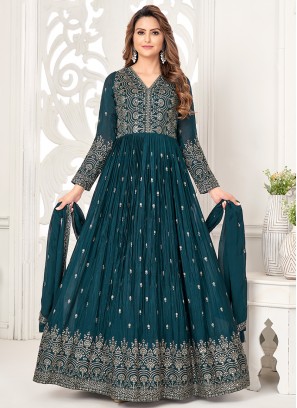 Graceful Teal Sequins Anarkali Gown with Matching Dupatta.