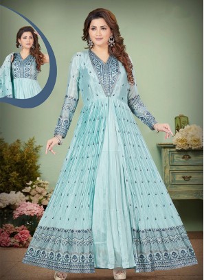 Graceful Sky Blue Sequins & Thread Anarkali Gown.