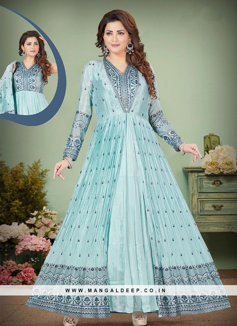 Graceful Sky Blue Sequins & Thread Anarkali Gown.