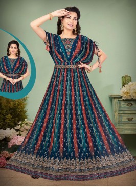 Graceful Blue Multi Printed & Sequins Anarkali Gown.
