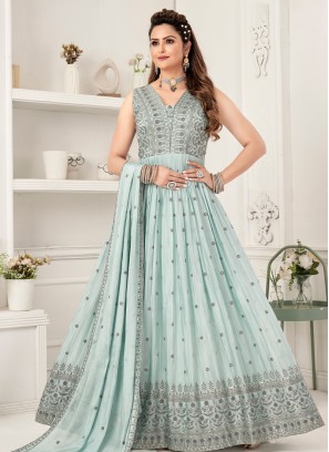 Graceful Sky Blue Sequins & Thread Anarkali Gown with Matching Dupatta.