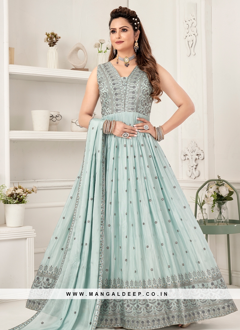 Attractive Sky Blue Embroidered Wedding Gown