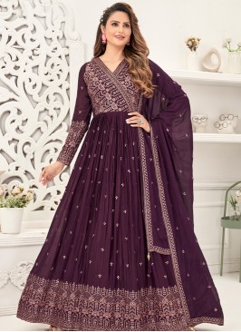 Graceful Wine Sequins & Thread Anarkali Gown with Matching Dupatta.