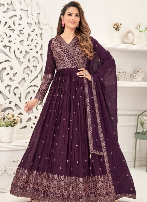 Graceful Wine Sequins & Thread Anarkali Gown with Matching Dupatta.