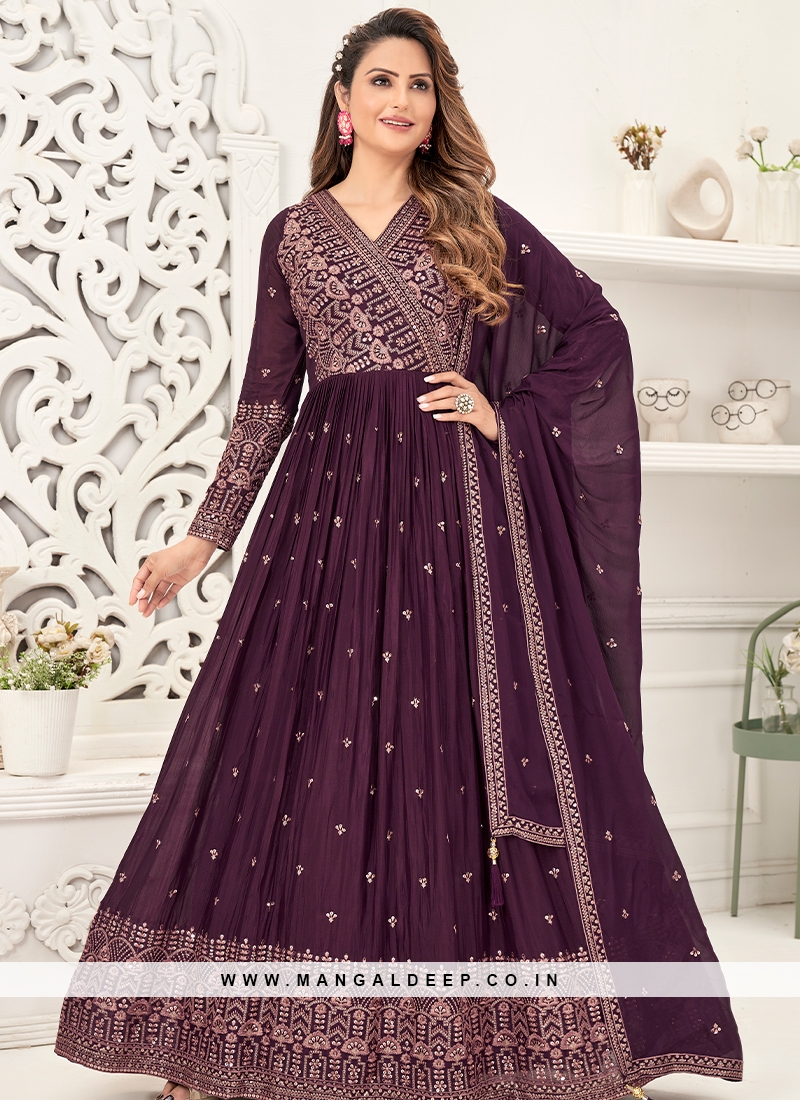 Graceful Wine Sequins & Thread Anarkali Gown with Matching Dupatta.