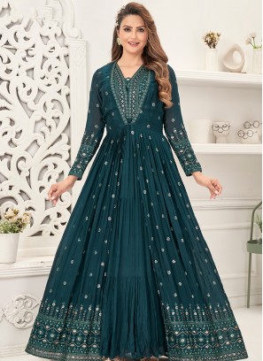 Graceful Teal Sequins & Thread Anarkali Gown.