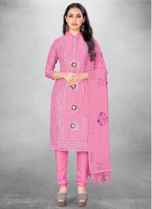 Graceful Pink Printed Cotton Churidar Salwar Kameez