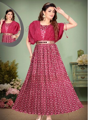 Graceful Magenta Printed Anarkali Gown.