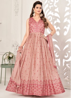 Graceful Onion pink Sequins & Thread Anarkali Gown with Matching Dupatta.