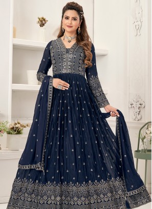 Graceful Nevy Blue Sequins & Thread Anarkali Gown with Matching Dupatta.