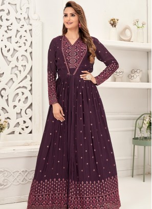 Graceful Wine Sequins & Thread Anarkali Gown.