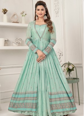Graceful Sky Blue Sequins & Thread Anarkali Gown.