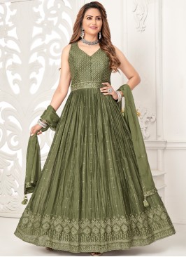 Graceful Mehandi Sequins & Thread Anarkali Gown with Matching Dupatta.