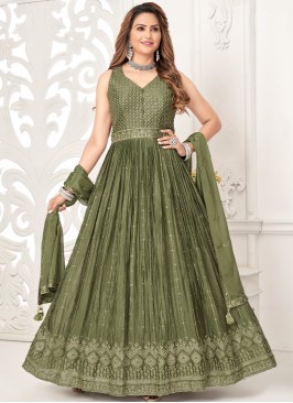 Graceful Mehandi Sequins & Thread Anarkali Gown wi