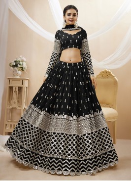 Grandiose Black Embroidered Georgette A Line Lehen