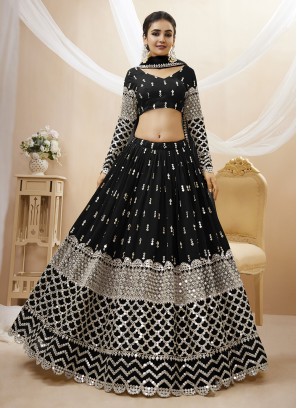 Grandiose Black Embroidered Georgette A Line Lehenga Choli