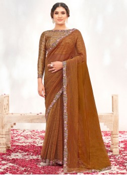 Grandiose Embroidered Rust Crepe Silk Classic Sare