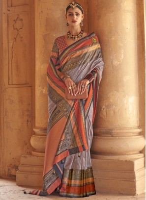 Grandiose Grey Patola Print Trendy Saree