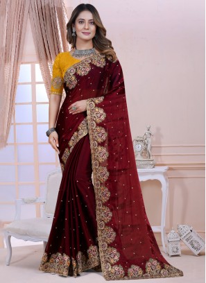 Grandiose Maroon Zari Designer Saree