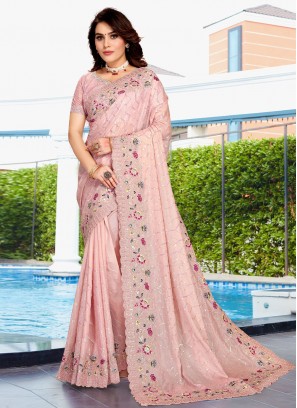 Grandiose Peach Sequins Crepe Silk Contemporary Saree