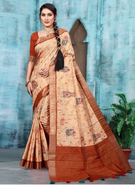 Grandiose Rust Digital Print Banarasi Silk Classic Saree