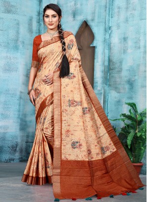 Grandiose Rust Digital Print Banarasi Silk Classic Saree