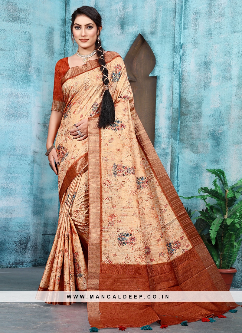 Grandiose Rust Digital Print Banarasi Silk Classic Saree