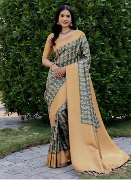 Gratifying Green Digital Print Banarasi Silk Classic Saree