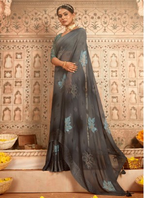 Gratifying Grey Georgette Contemporary Style Saree