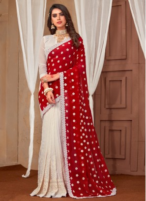 Gratifying Red and White Reception Contemporary Saree