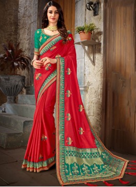 Gratifying Red Embroidered Trendy Saree