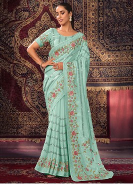 Gratifying Sea Green Thread Georgette Designer Saree