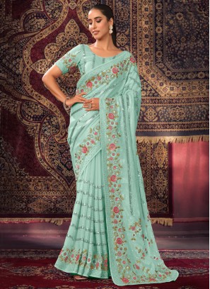 Gratifying Sea Green Thread Georgette Designer Saree