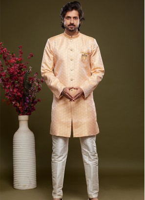 Orange Banarasi Jacquard Indo Western Ensemble