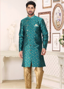 Green Banarasi Jacquard Indo Western Ensemble with Tusser Aligadhi Pant.