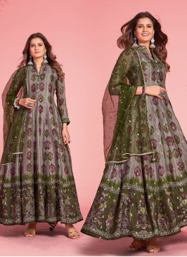 Green and Grey pure-dola Print Trendy Gown
