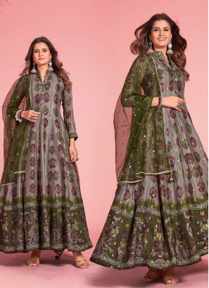 Green and Grey pure-dola Print Trendy Gown