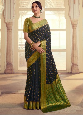 Green and Navy Blue Chiffon Contemporary Saree