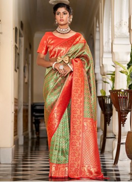 Green and Orange Jacquard Work Traditional Saree