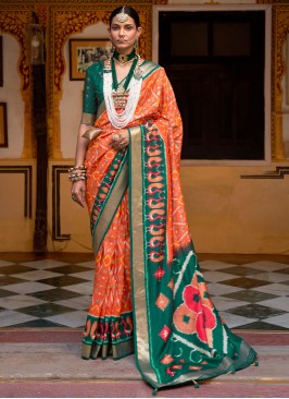 Green and Orange Mehndi Contemporary Saree