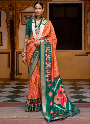 Green and Orange Mehndi Contemporary Saree