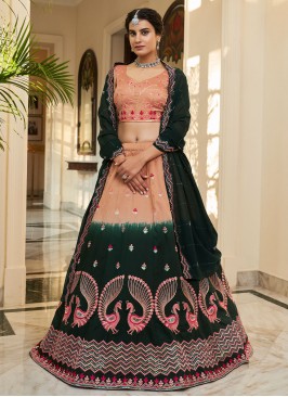 Green and Peach Mehndi Art Silk Lehenga Choli