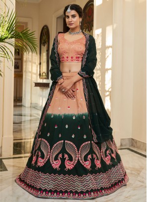 Green and Peach Mehndi Art Silk Lehenga Choli