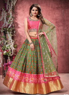 Green And Pink Color Mehndi Wear Lehenga