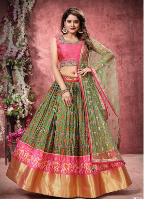 Green And Pink Color Mehndi Wear Lehenga